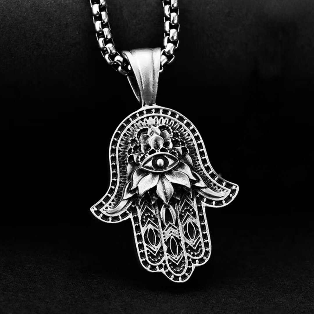 Men Hamsa Hand of Fatima Pendant Necklace Punk Hip Hop Jewelry Braided Chain 24″