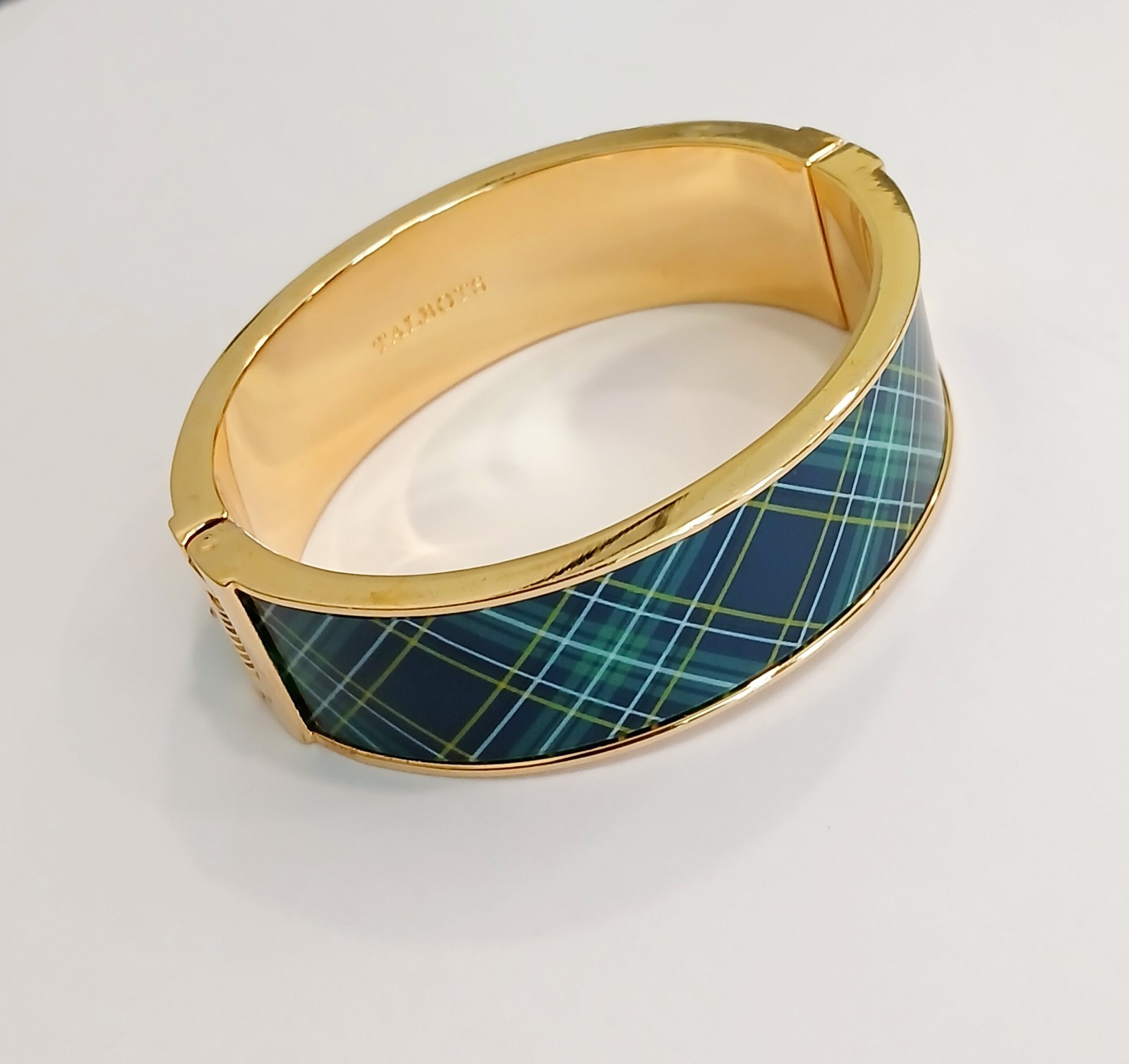 Talbots Blue And Green Watch Plaid Bangle Bracelet Gold Tone 3.13oz 7″ EXCLT cdt