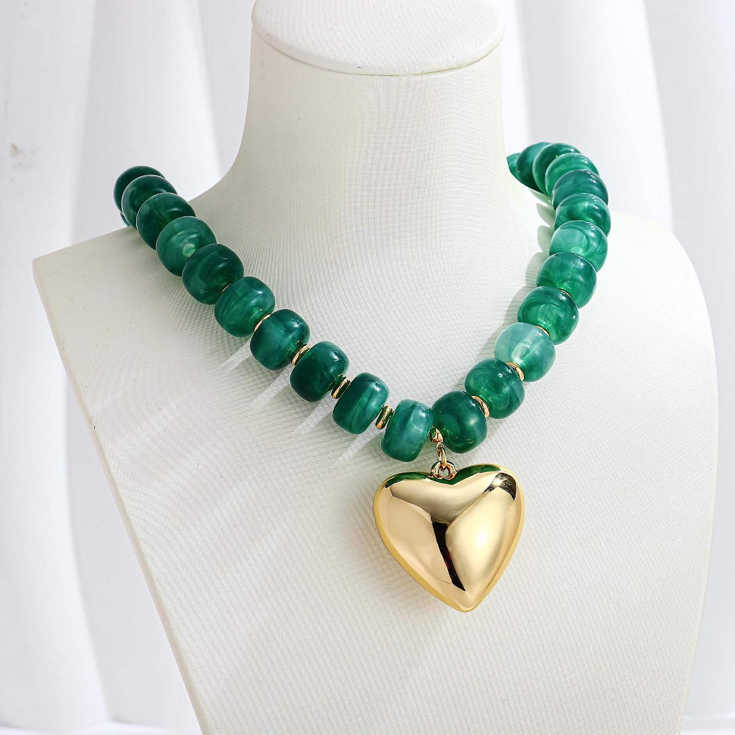 Chunky Heart Necklaces for Women Colorful Resin Beaded Choker Necklace Gold Puff