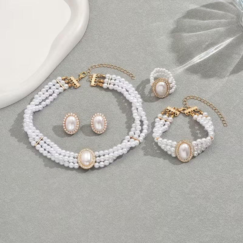White Pearl Jewellery Set Necklace Bracelet Earrings Bridal Wedding Women Gift