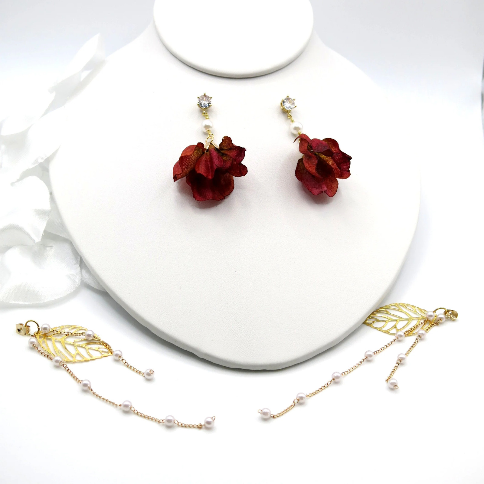 Camellia Silk Flower Chain Custom Floral Earrings – Boho Dangle Earrings