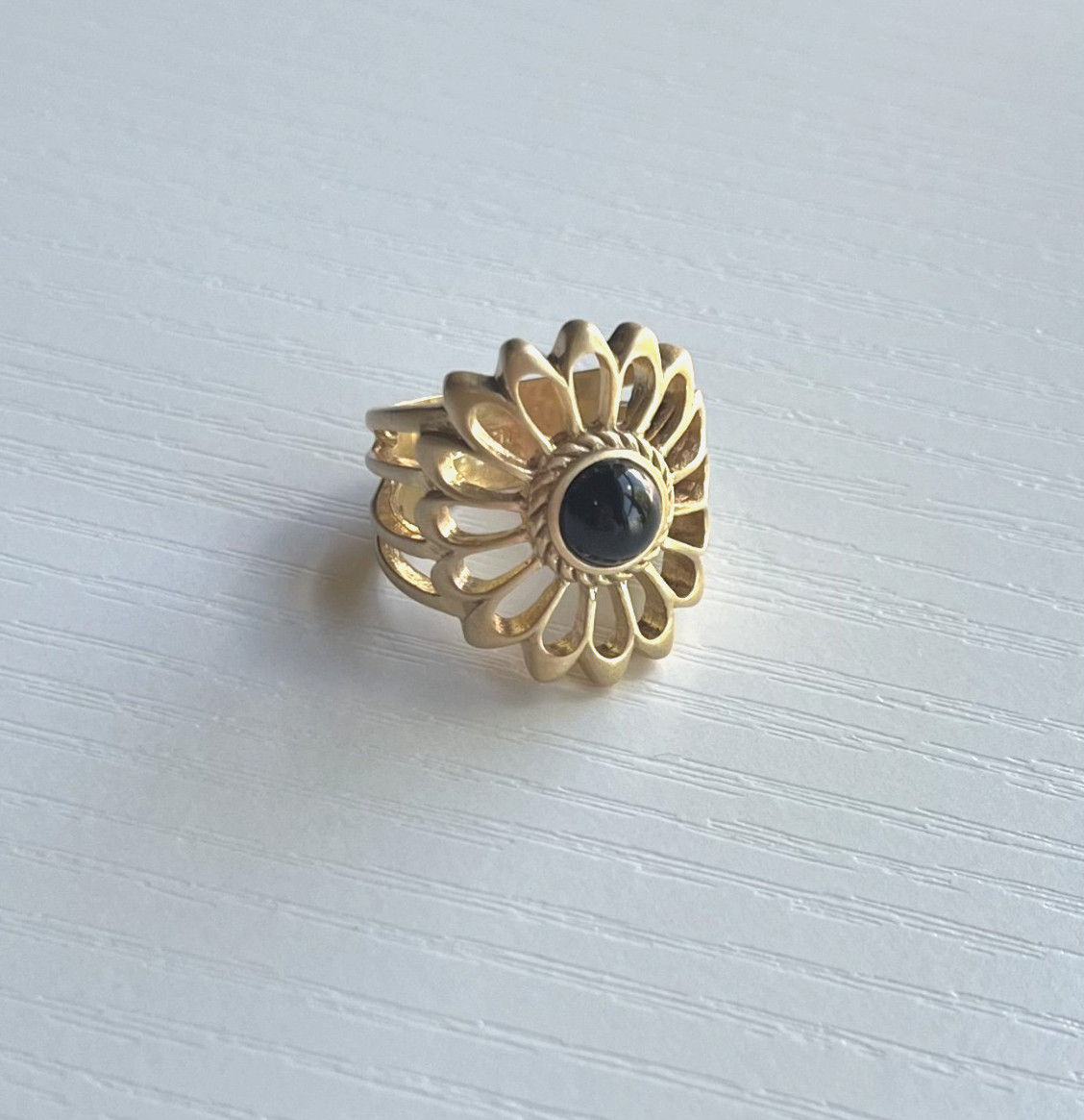 Lia Sophia Gold Colored Flower Ring with Black Stone Size 10