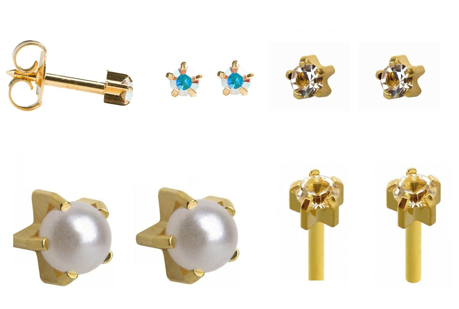 Crystal Stud Earrings 24ct Gold Plated Ear Piercing Studs Earrings Sterile
