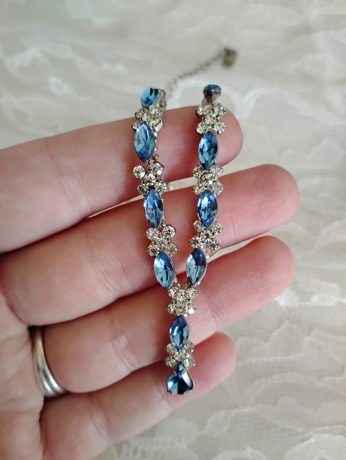 Silver Tone Blue and Clear Rhinestone Necklace