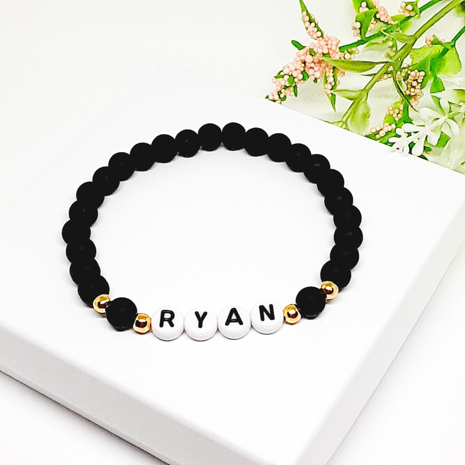 Matte Black Personalized Custom Name or Word Beaded Stretch Bracelet. Unisex