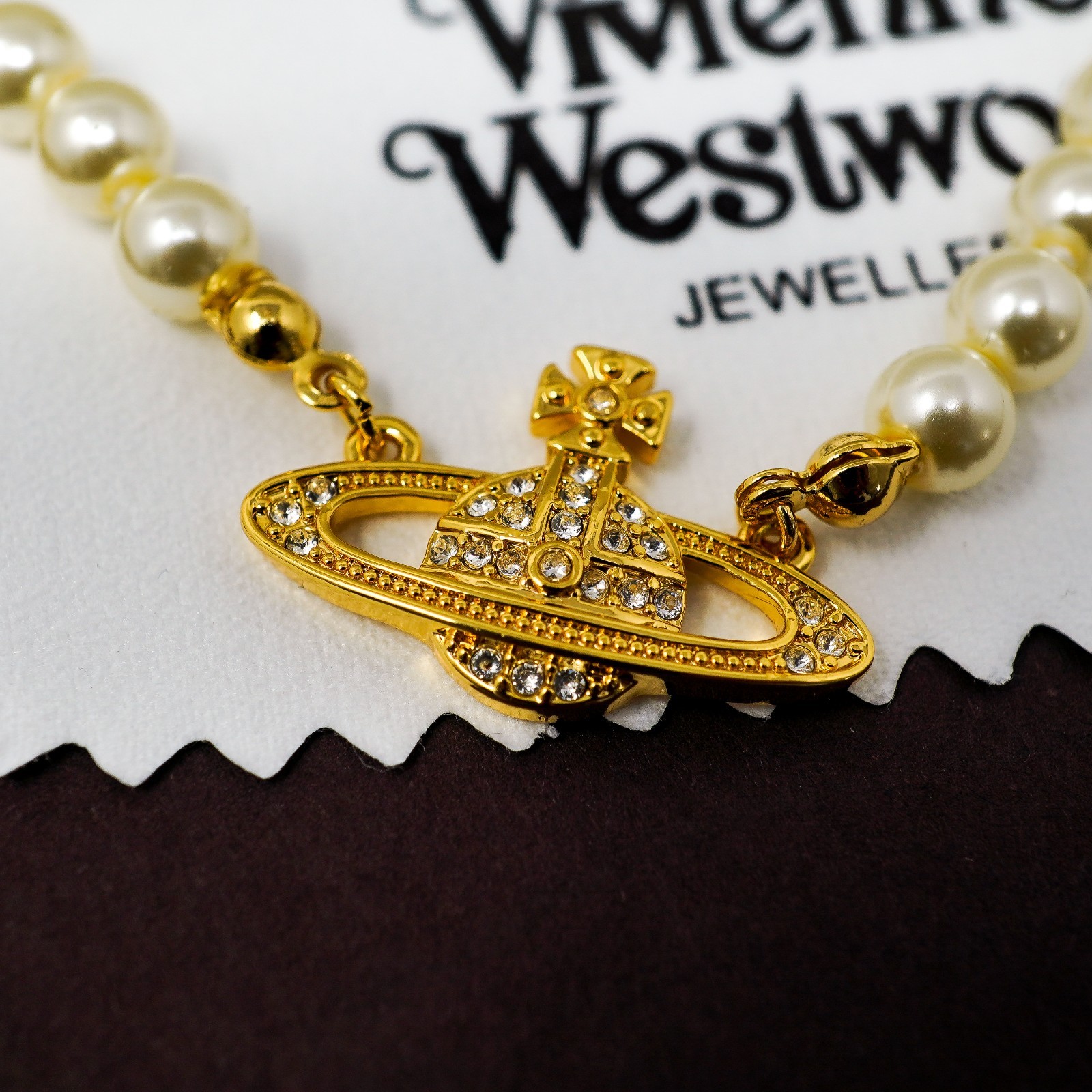 Vivienne Westwood Necklace Bas Relief Pearl & Gold Pendant With Crystals & Box