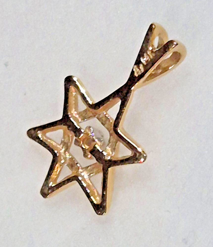 14K YELLOW GOLD STAR OF DAVID CHARM PENDANT W/CRYSTAL STONE MAGEN DAVID VINTAGE