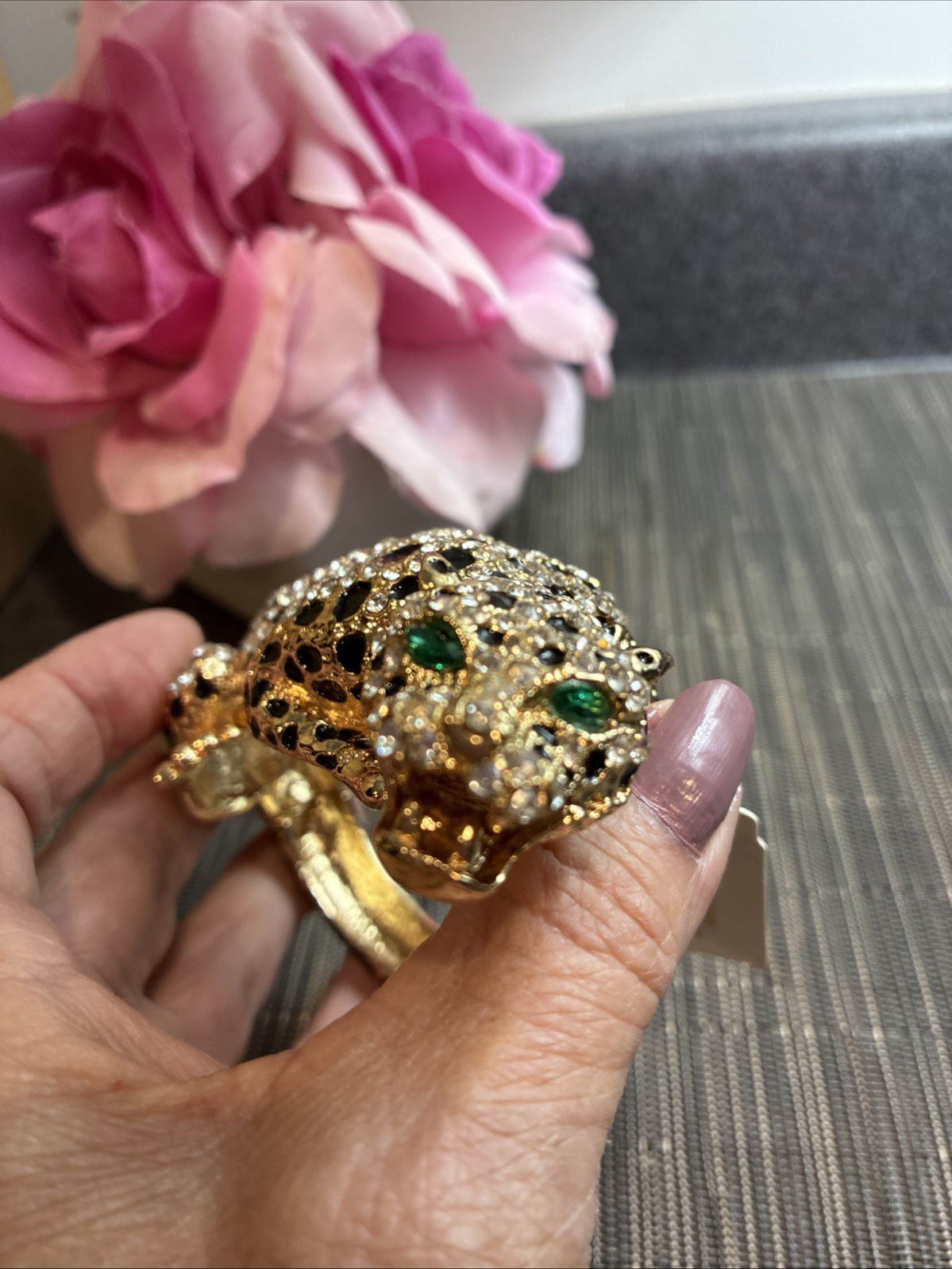 Natasha Gold Leopard Panther Cuff Bracelet Rhinestone, Enamel Green Eyes.