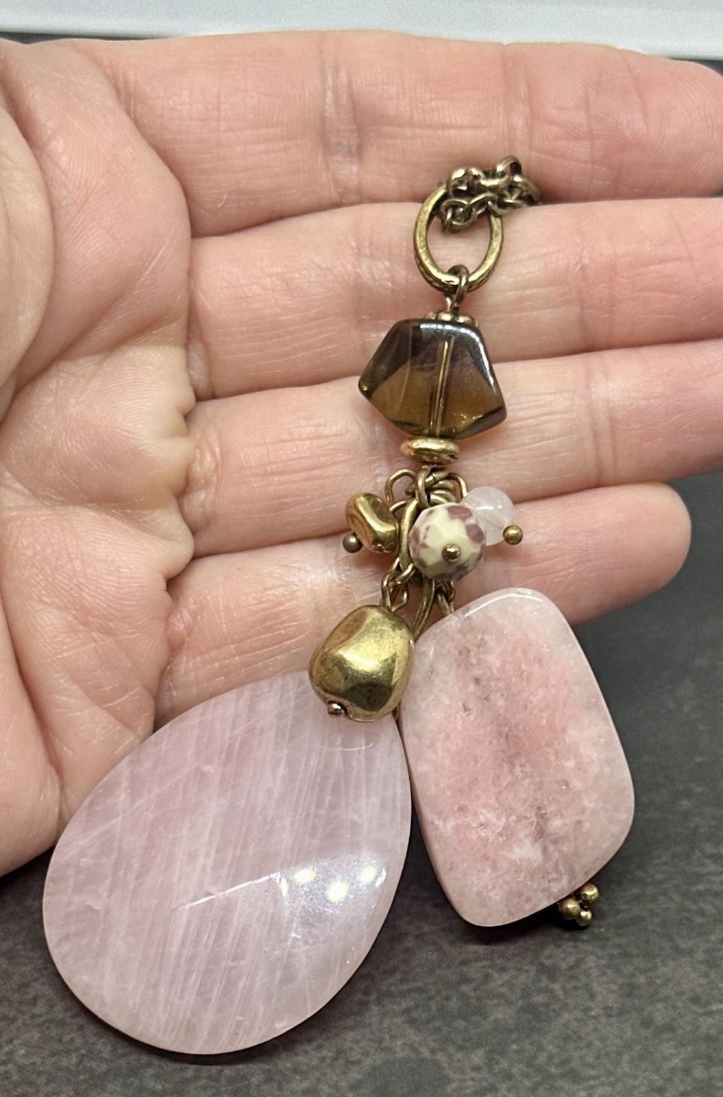 CHICO”S Double Gold Tone Chain Rose Quartz Pendants Dangle 18″ – 22″ Necklace