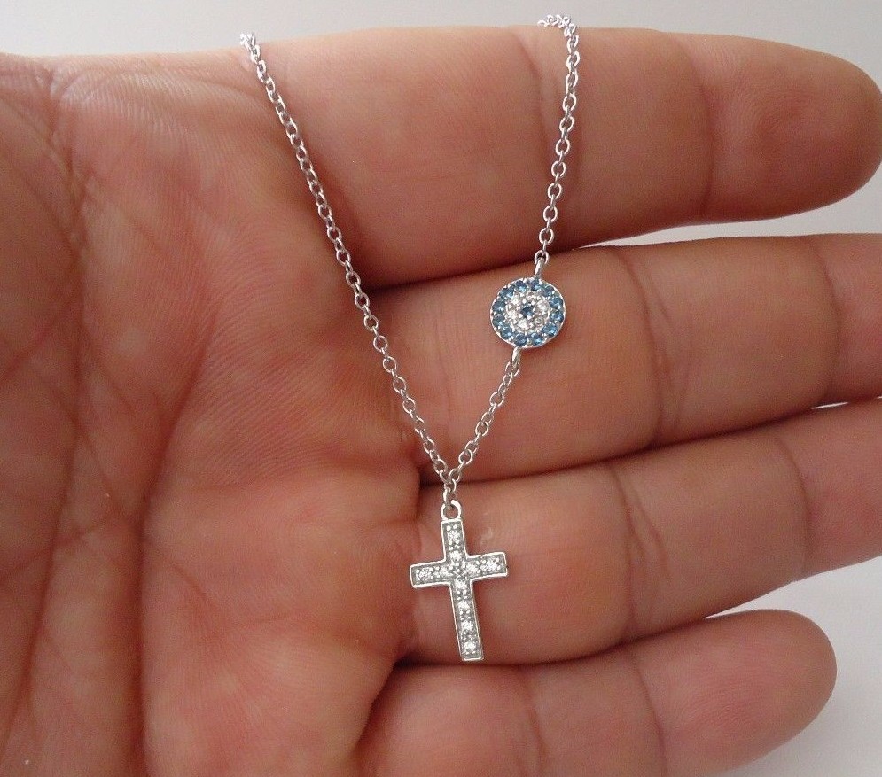CROSS PENDANT NECKLACE W/ .75 CT WHT/ BLUE LAB DIAMONDS / 925 STERLING SILVER