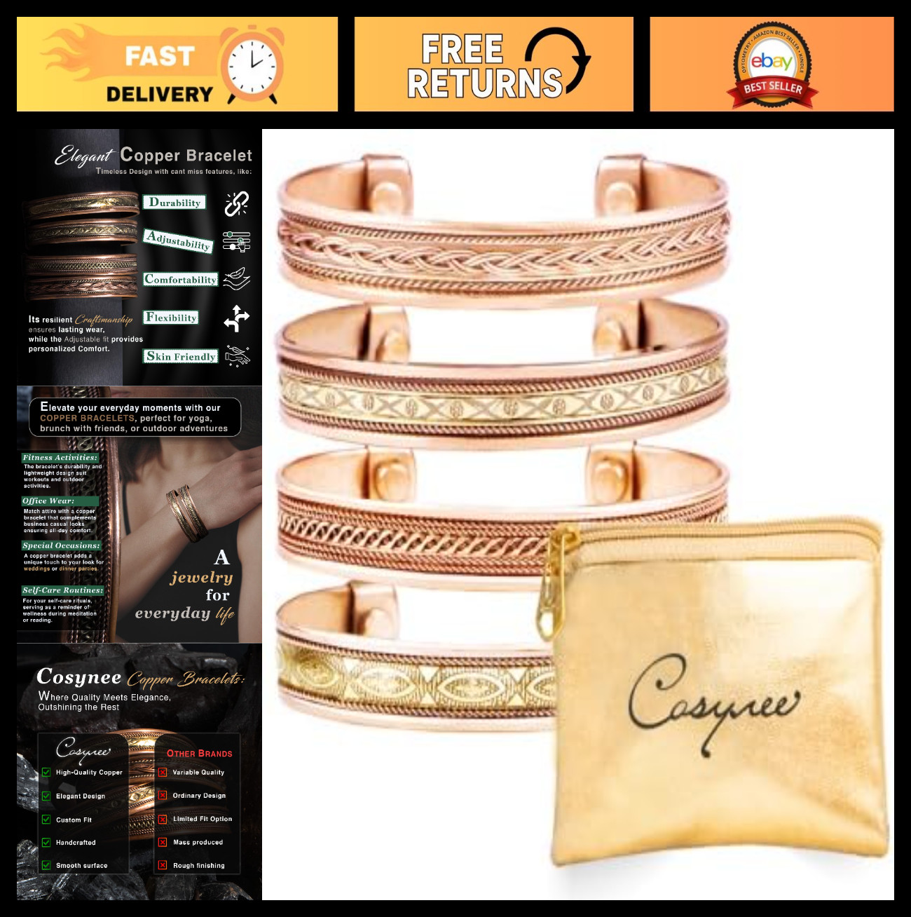 Set of 4 Adjustable Pure Copper Cuff Bracelets for Men & Women – Vintage Style B