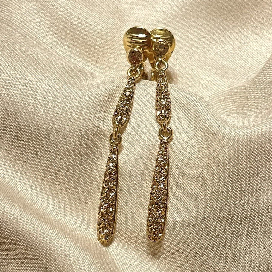 Vintage Monet Gold Tone Thin Rhinestone Teardrop Dangle/Drop Clip-On Earrings