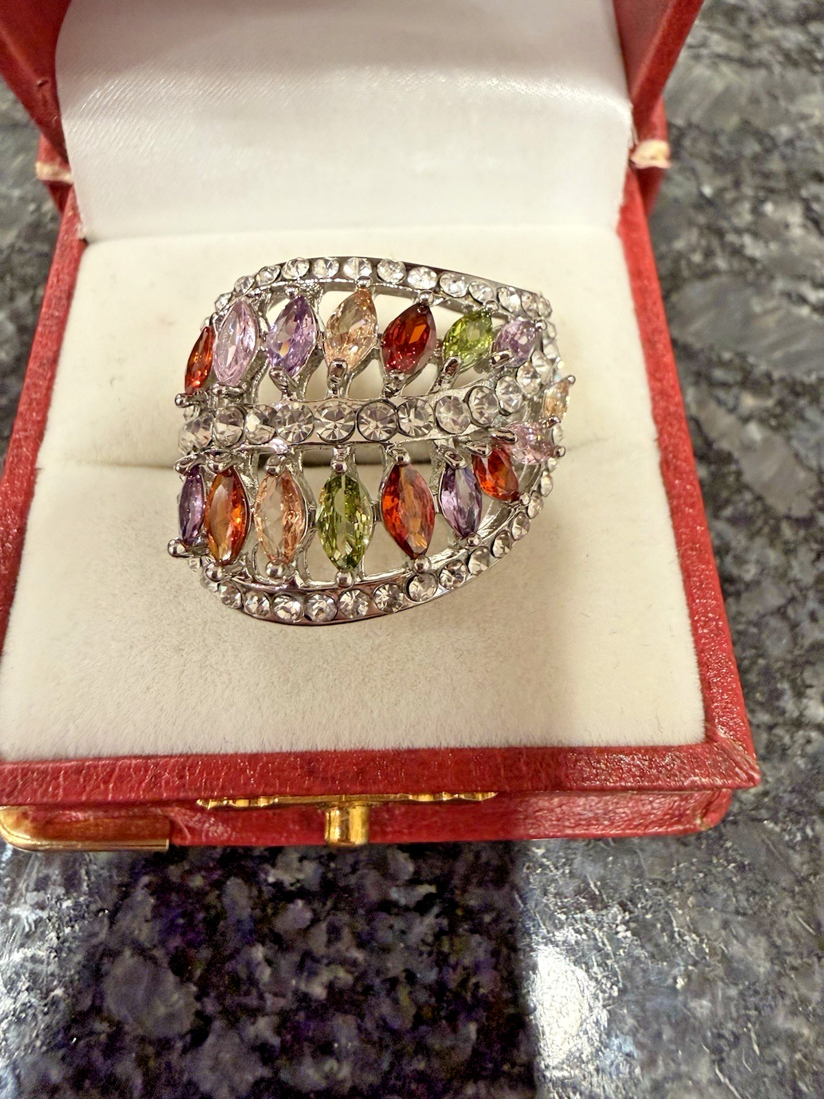 Silver Tone Multicolor Marquise Crystal Cluster Cocktail Ring Size 10.5