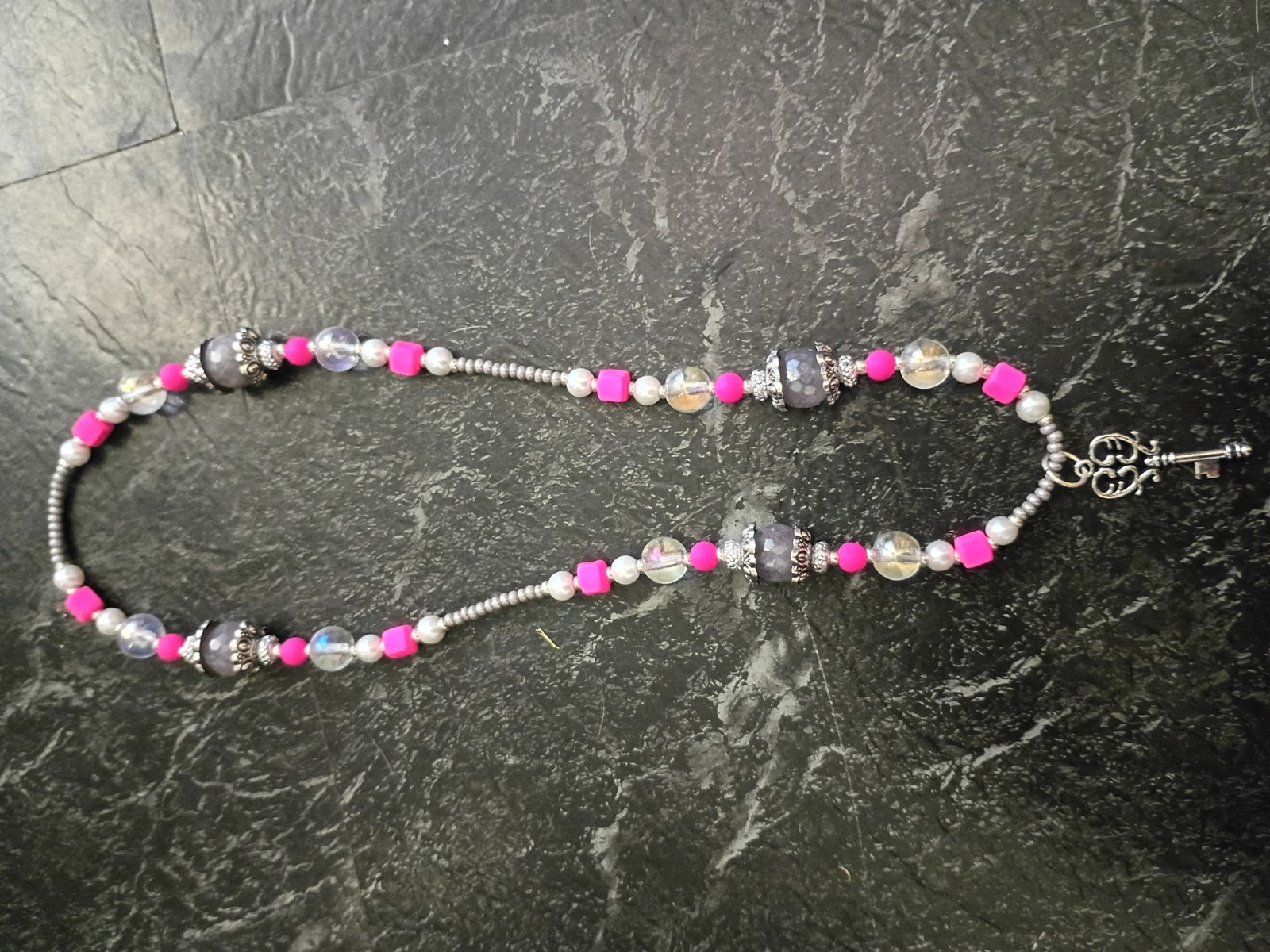 Handmade Beaded Key Charm Necklace Toggle Closure Pink Silver Clear Black Bead