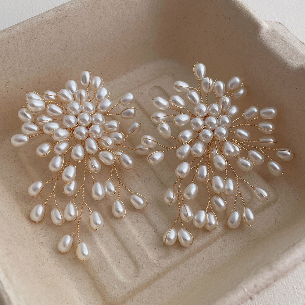 White Cluster Pearl Earrings Gold Metal Clip On Screw Back Cascading Handmade