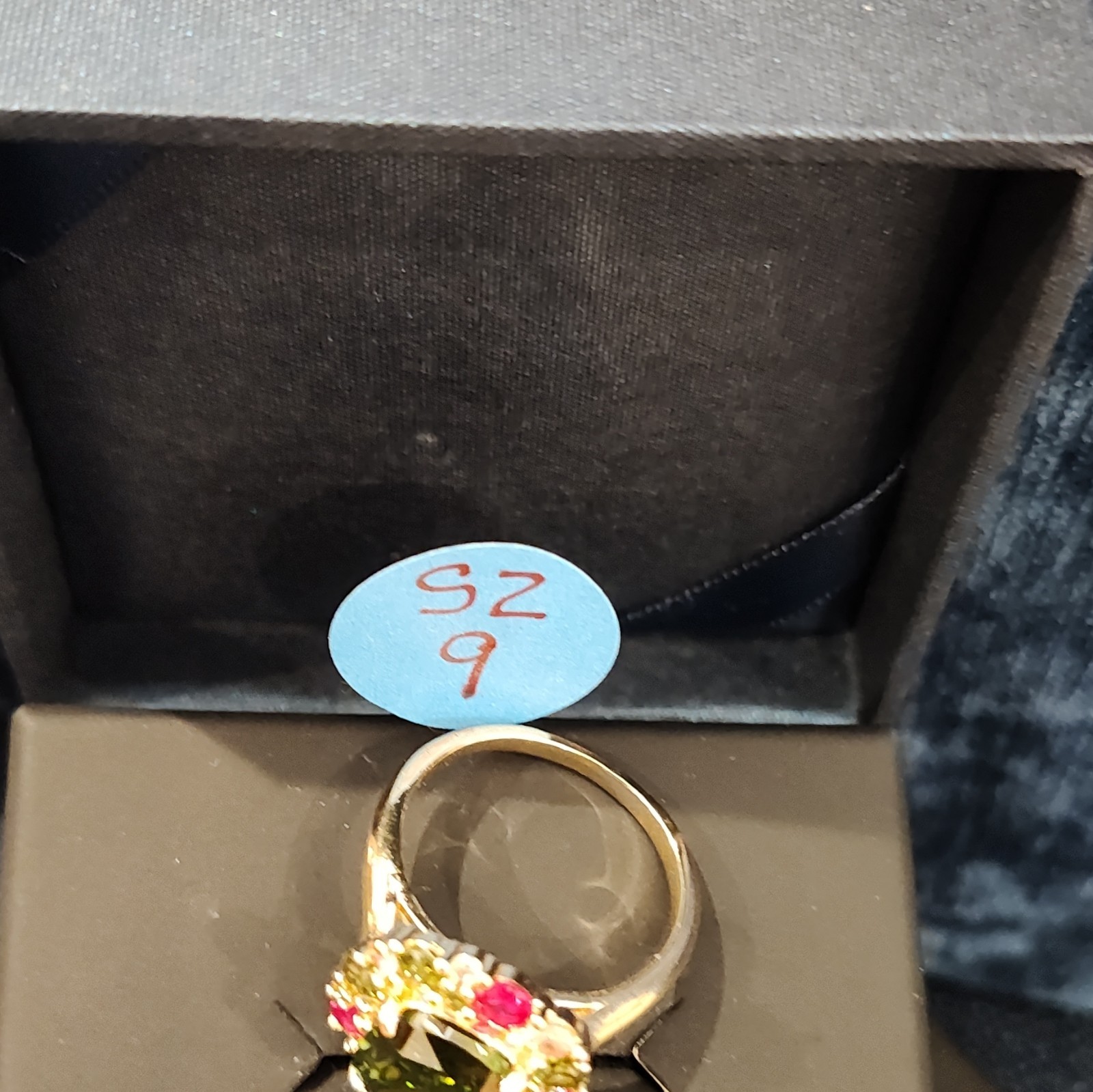 18K Gold Plated Olive Green Cushion Crystal Cocktail Ring Sz 9
