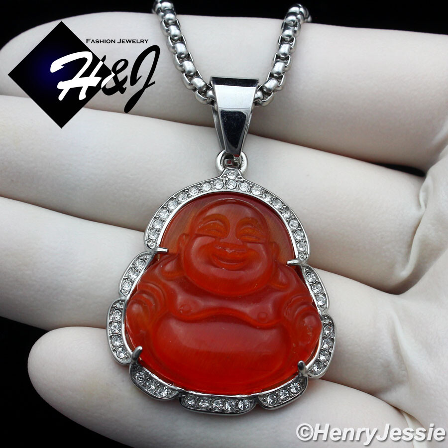 18″-36″MEN Stainless Steel 3mm Silver Box Chain Carnelian Rhinestone Pendant*117