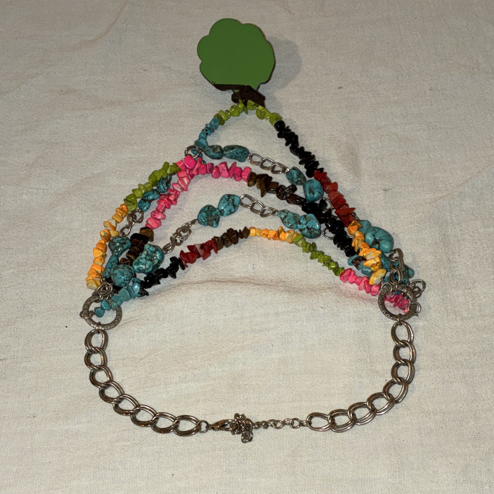 Multicolor Multi-Strand Beaded Necklace Green Flower Charm Adjustable Lobster