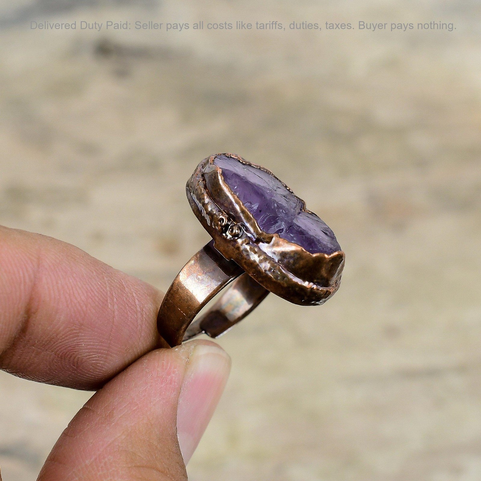 African Amethyst Rough Gemstone Stackable Bezel Trendy Electroformed Ring Copper