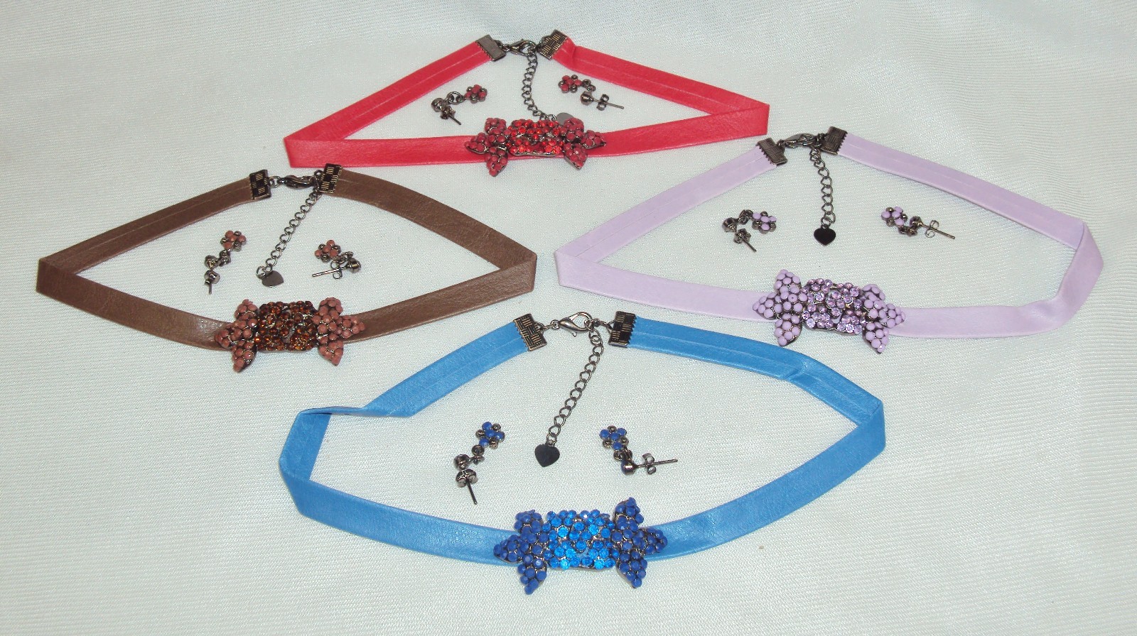Faux Leather & Gemstone Choker w/Bowtie Pendant And Earrings, LOT ~ 1 DOZEN SETS
