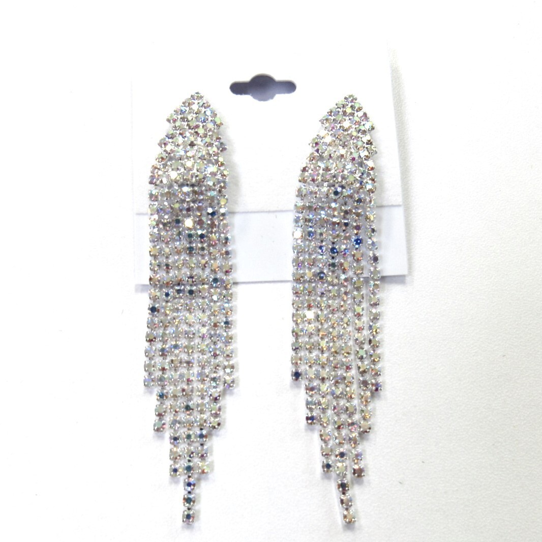 Silver Iridescent Rhinestone Dangle Drop Clip On Earrings Wedding Prom #6348