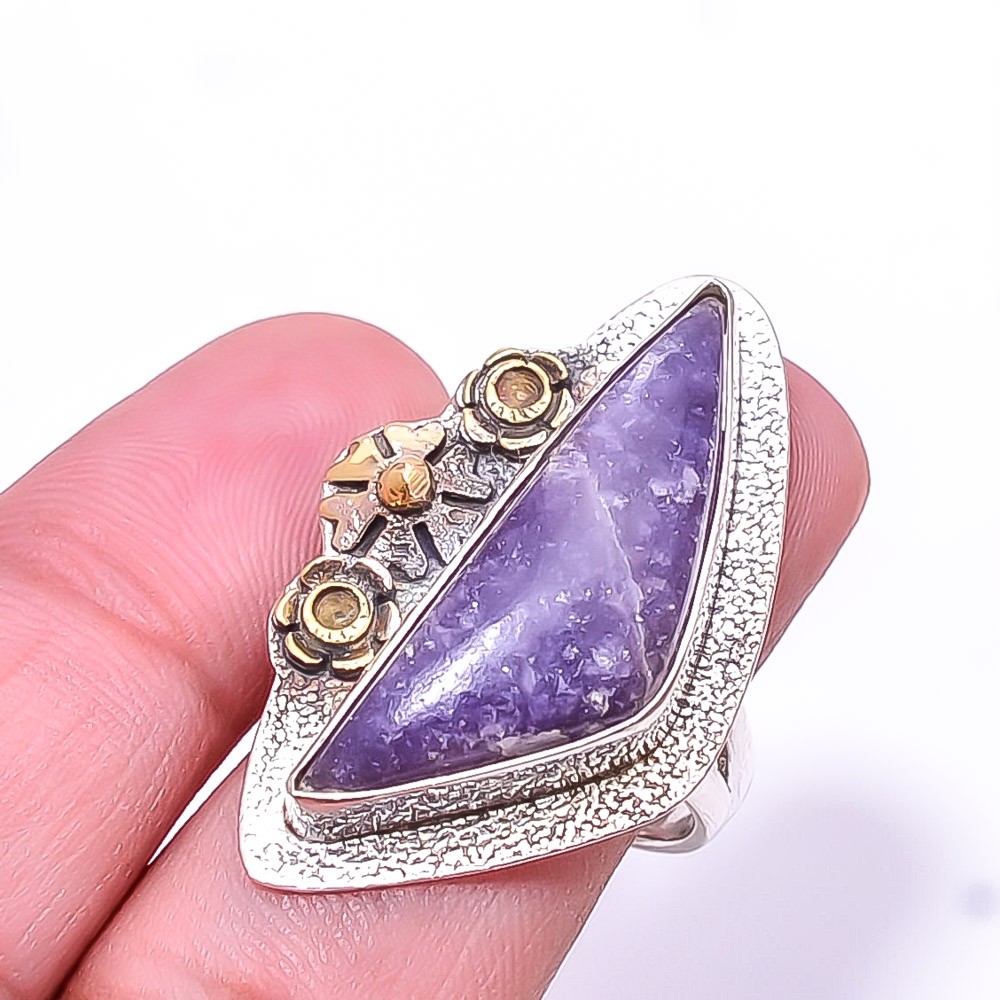 Purple Charoite Two Tone 925 Sterling Silver Ring s.8.5 R, Christmas Gift