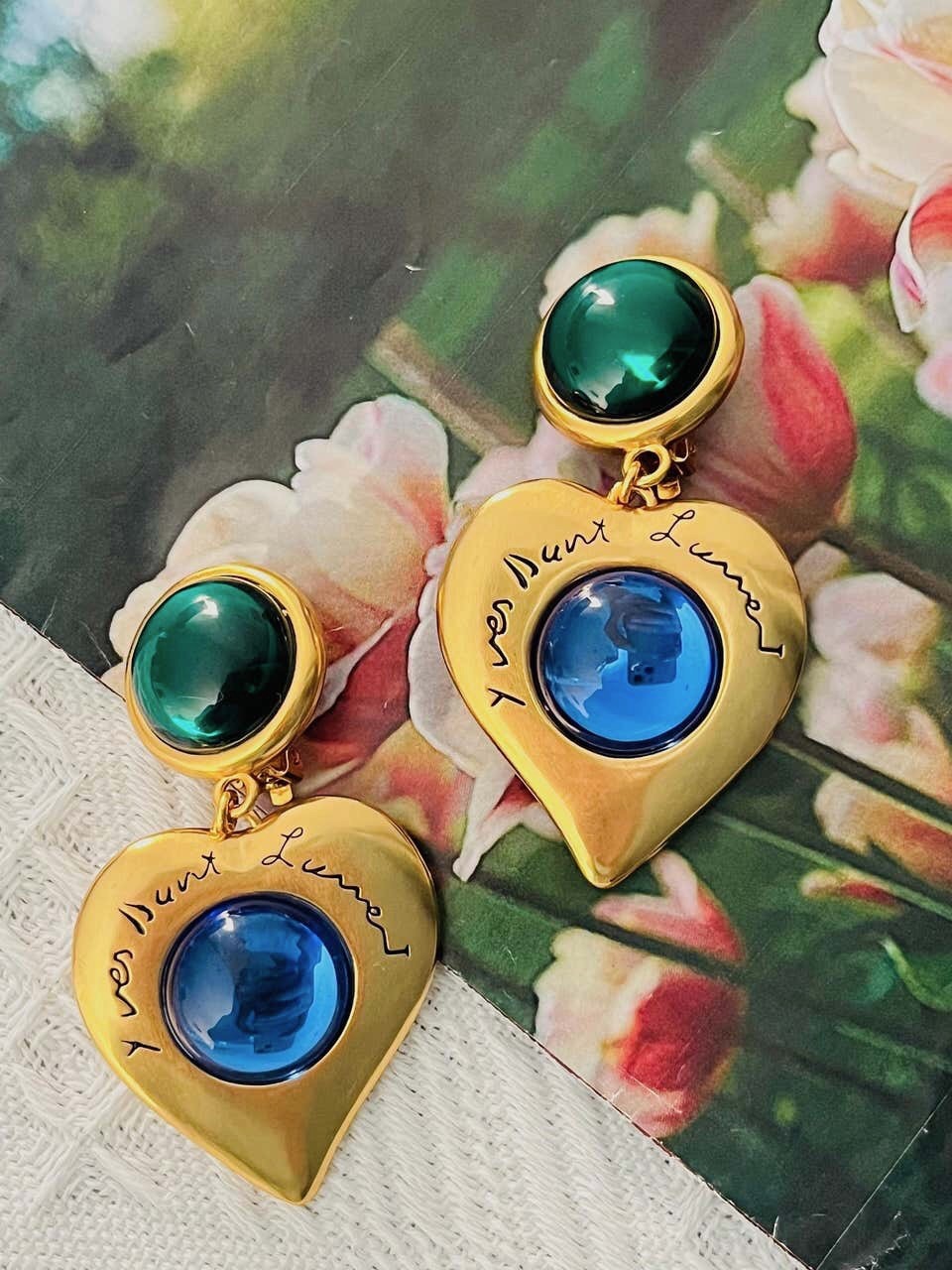 Yves Saint Laurent YSL Gripoix Emerald Sapphire Heart Logo Double Drop Earrings