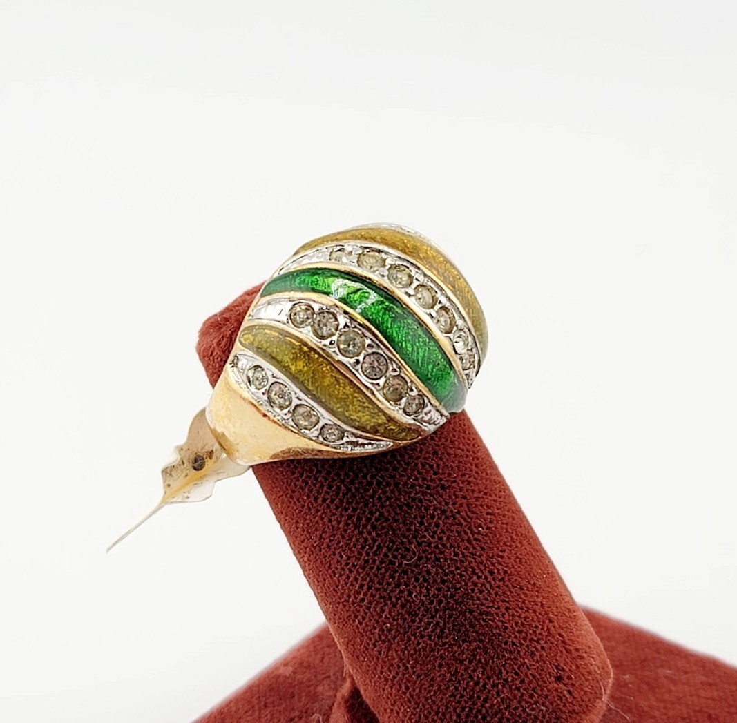 Vtg Ring Sz 5 Green Enamel Dome Bubble Rhinestones 18KGE Fashion Jewelry S#3