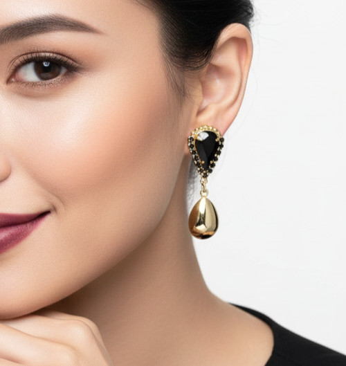 1.3/8″ Long Black Crystals Golden Classy Everyday Designer Earrings By Sorrelli