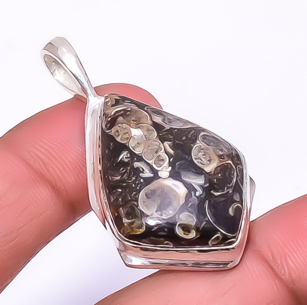 Turritella Fossil Agate Gemstone Silver Handmade Pendant 1.76″ A376
