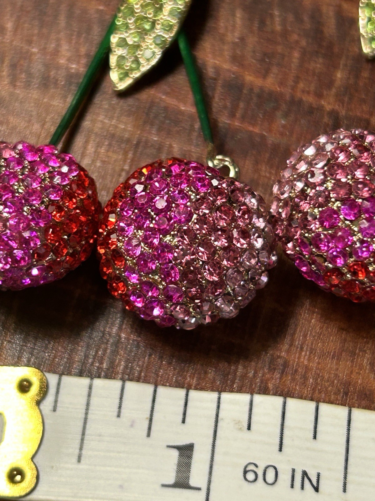 Unsigned Rhinestone Pink Red Ombre Cherry Drop Dangle Earrings Fruit Statement