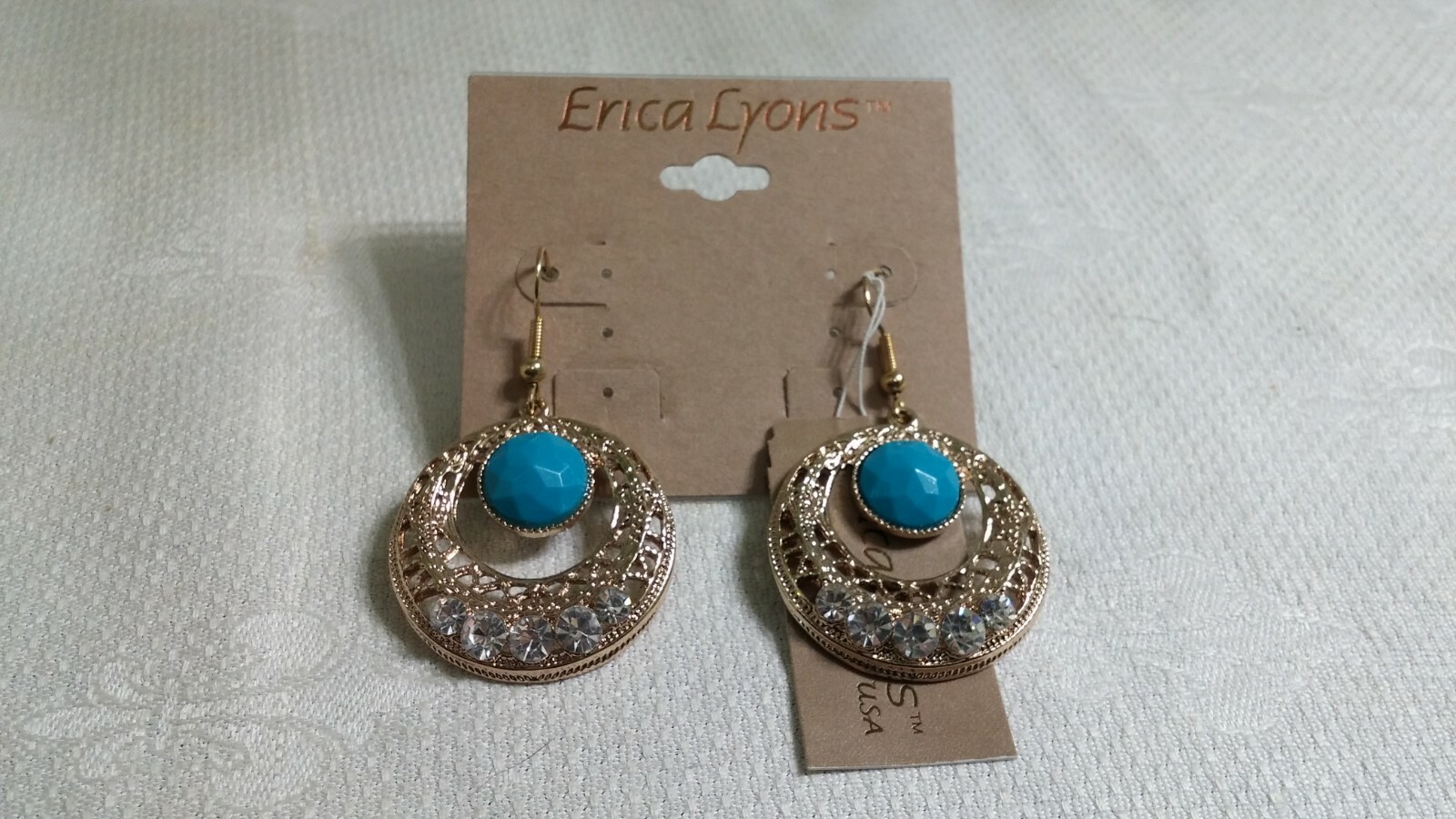 Erica Lyons GT Clear Crystal Blue Plastic Filigree Disk Wire Pierced Earrings