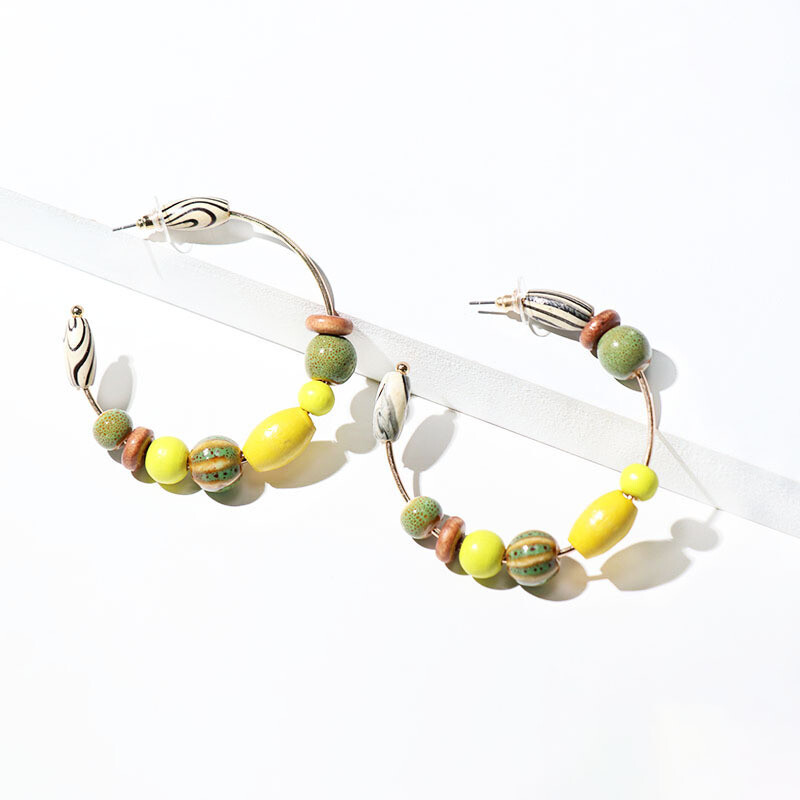 Wooden Beaded Hoop Earrings, 4 Colors, Your Choice Yellow, Blue, Black or Brown