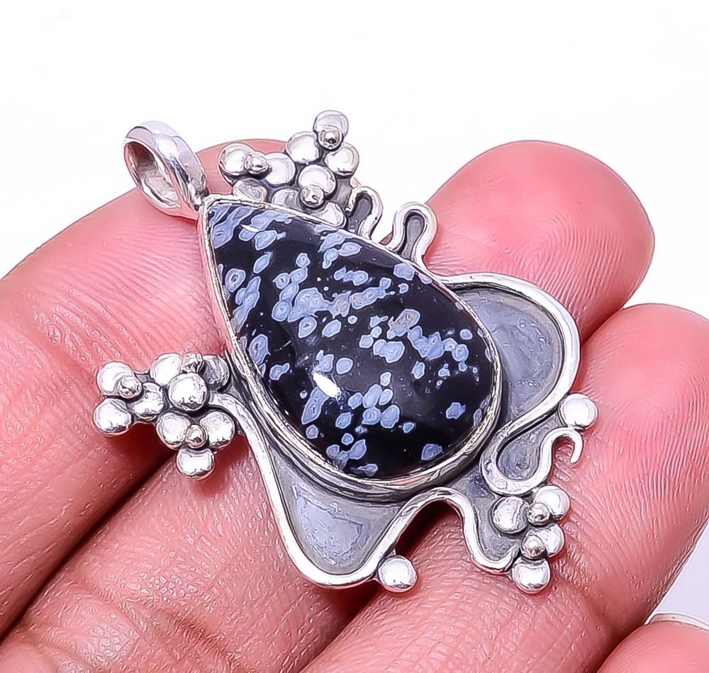 Natural Snowflake Obsidian Oxidised 925 Sterling Silver Pendant 1.72″P63