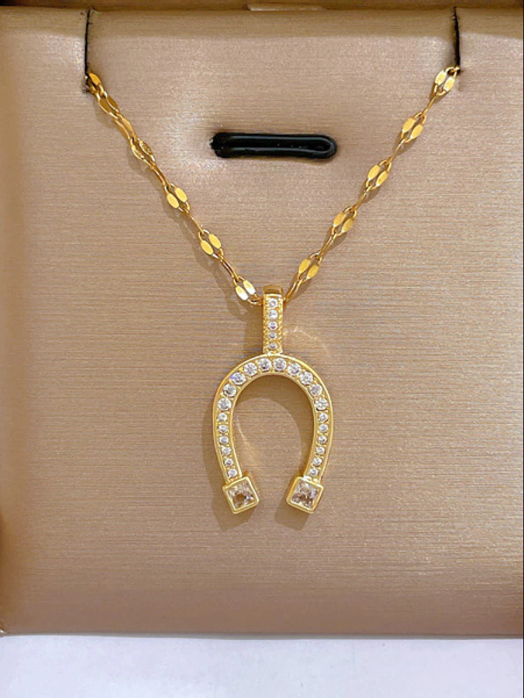 Women’s Fashion Jewelry Gold Cubic Zircon Horseshoe Pendant Necklace 312