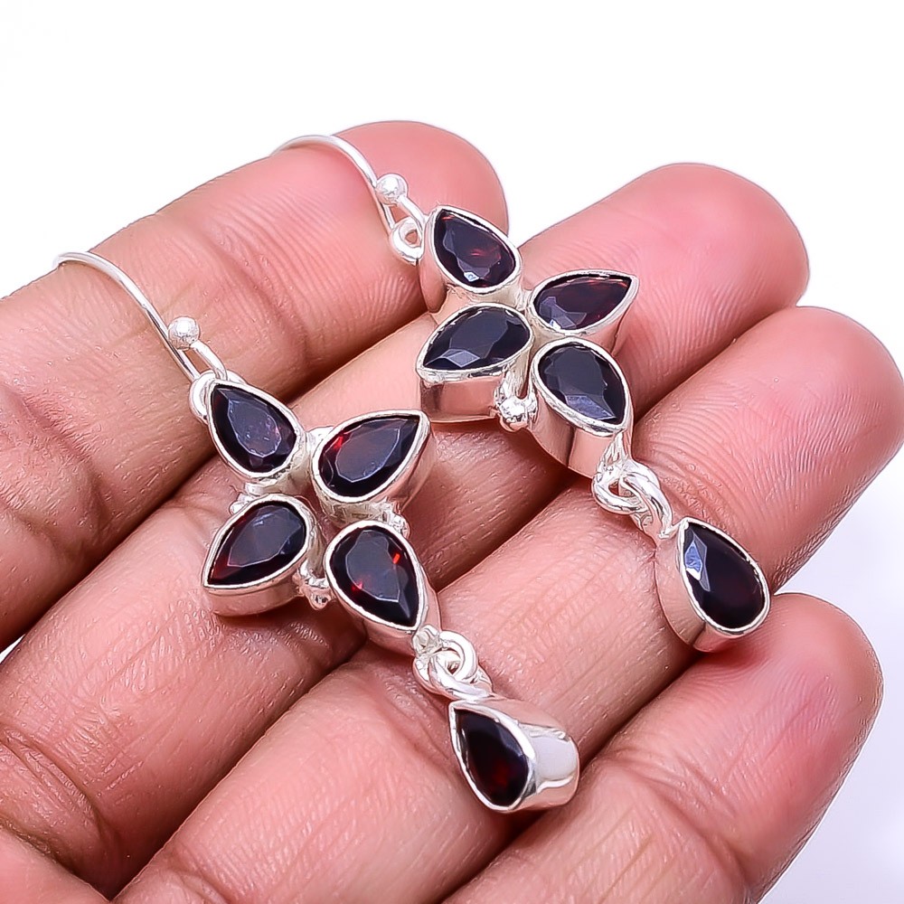 Red Garnet Multi Collet 925 Sterling Silver Earring 2.15″ E12, Christmas Gift