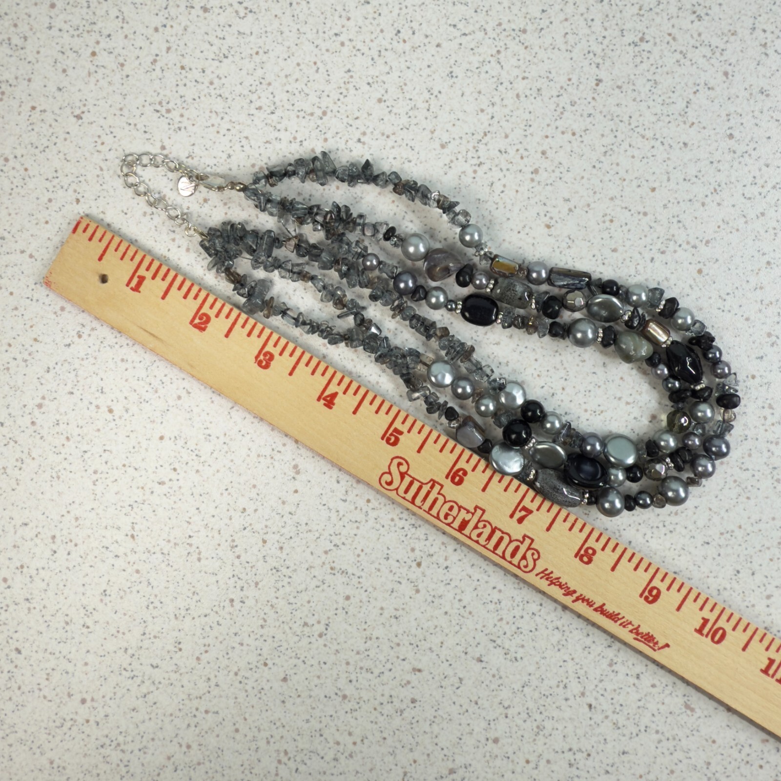 Metallic Black Silver Gray Chip Stone Beaded Multi Strand Necklace Earring Set