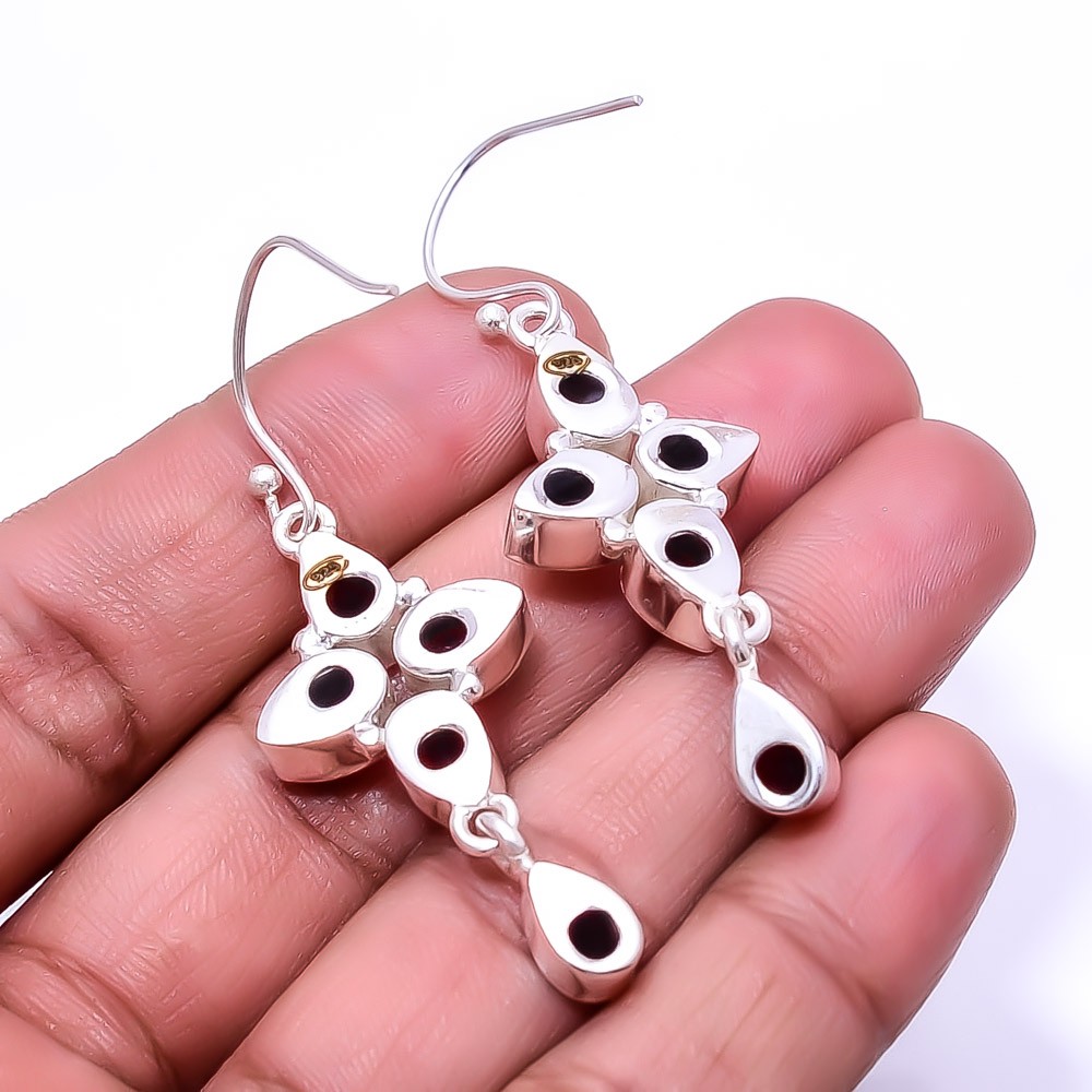 Red Garnet Multi Collet 925 Sterling Silver Earring 2.15″ E12, Christmas Gift