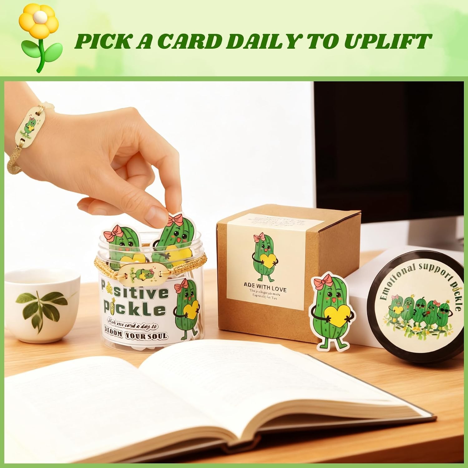 Positive Pickle Affirmation Jar with NFC Bracelet – 60 Affirmation Cards for Wom