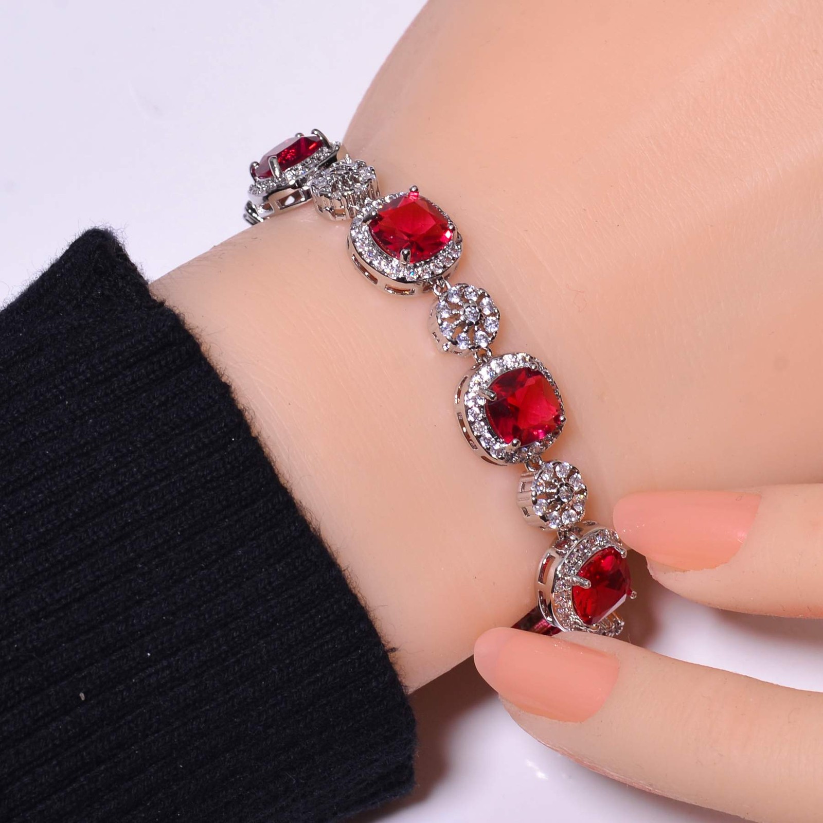 Ruby & CZ Simulated 925 Sterling Silver Tennis Bracelet 8.99″ B5, Christmas Gift