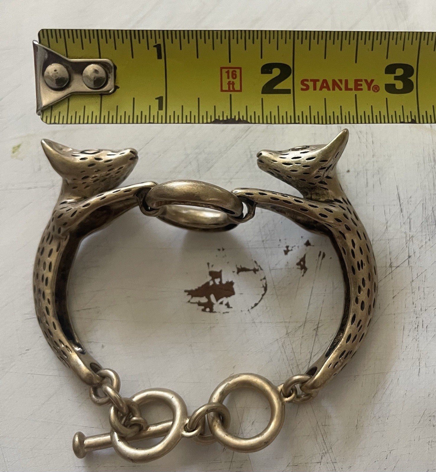 Vintage Gold Bronze Brass Metal Double Fox Head Cuff Bracelet Heavy Unique