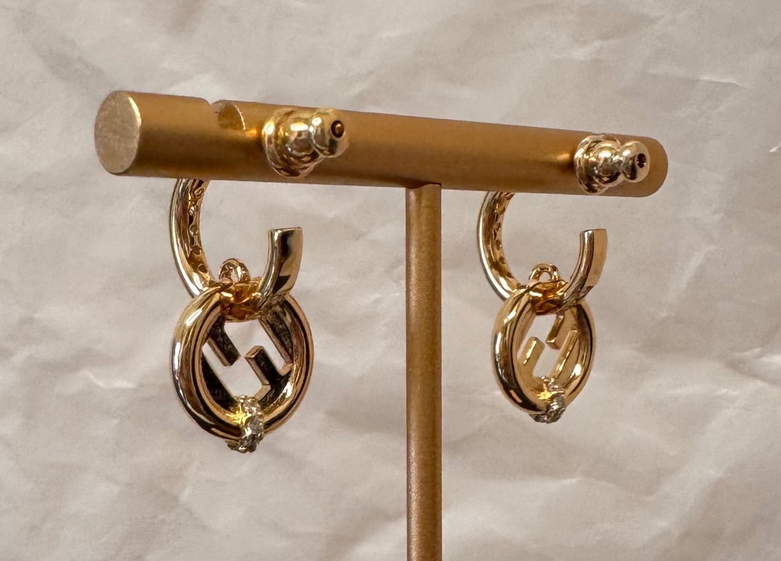 Fendi Gold Tone FF Logo Crystal Hoop Earrings Small Drop # 548