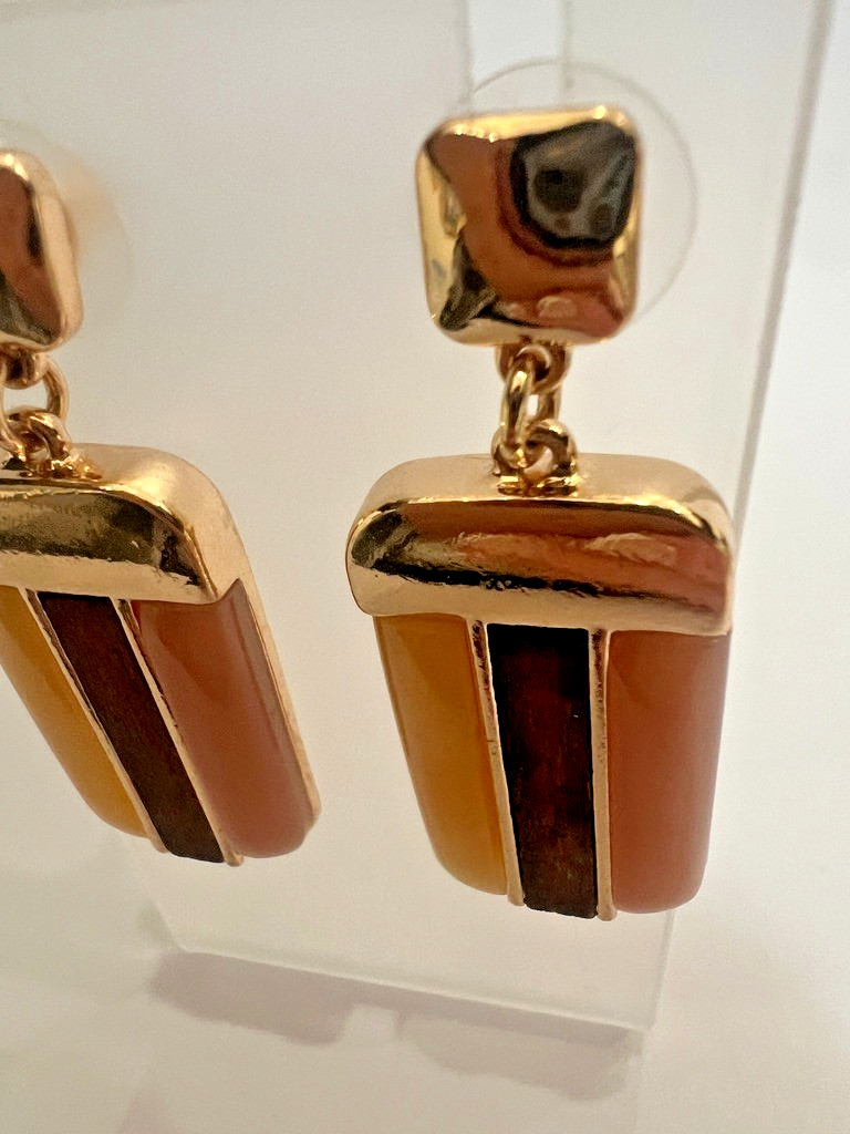 Uncas Int Gold Blush Amber Dangle Earrings Resin Wood Earth Tones 2” Vendor Smpl