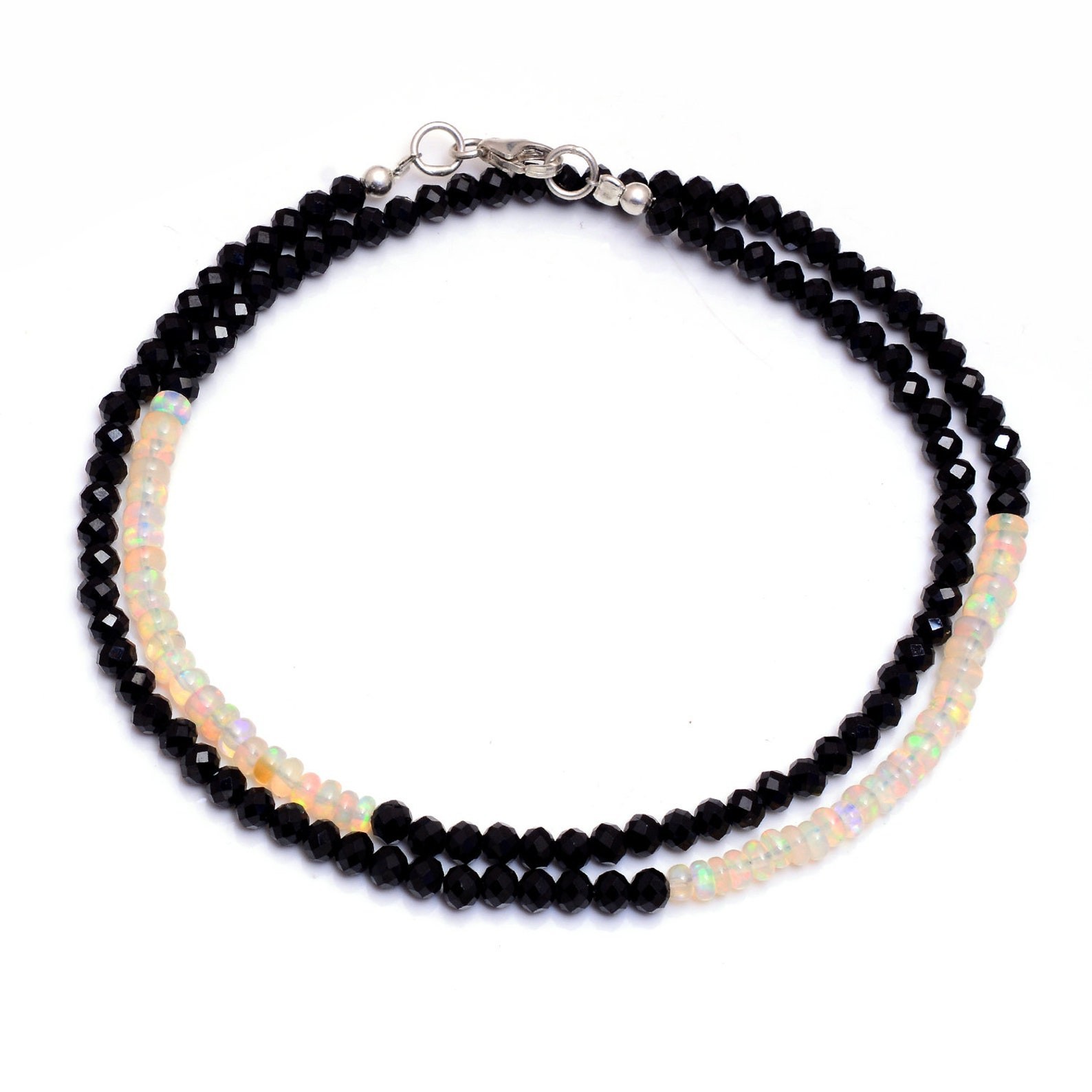 Black Spinal & Opal 2 Multi Faceted Rondelle Gemstone Beads Choker Necklace 18”