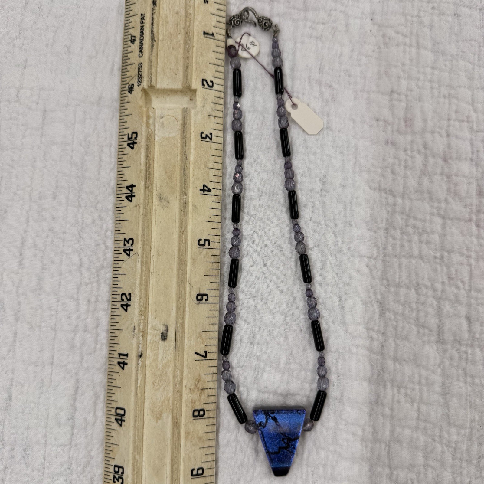 Beaded Ball Necklace Blue Trapezoid Charm Pendant, Hook Closure, 16 in