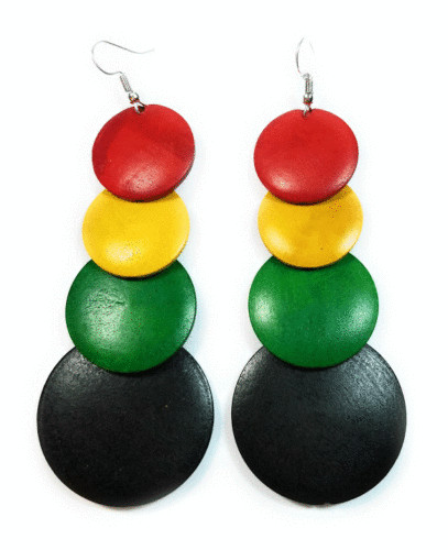 Rasta Wooden 4 Tier Red Yellow Green Black Rounds Graduating 4″ Pair Earrings