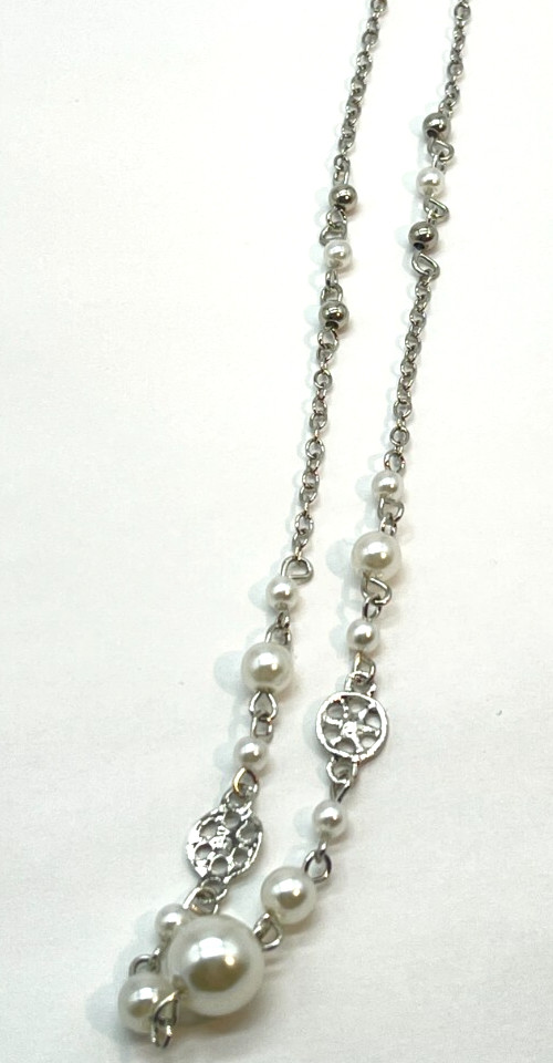 Necklace Silver Tone Spaced White Pearls 38 inches Lightweight
