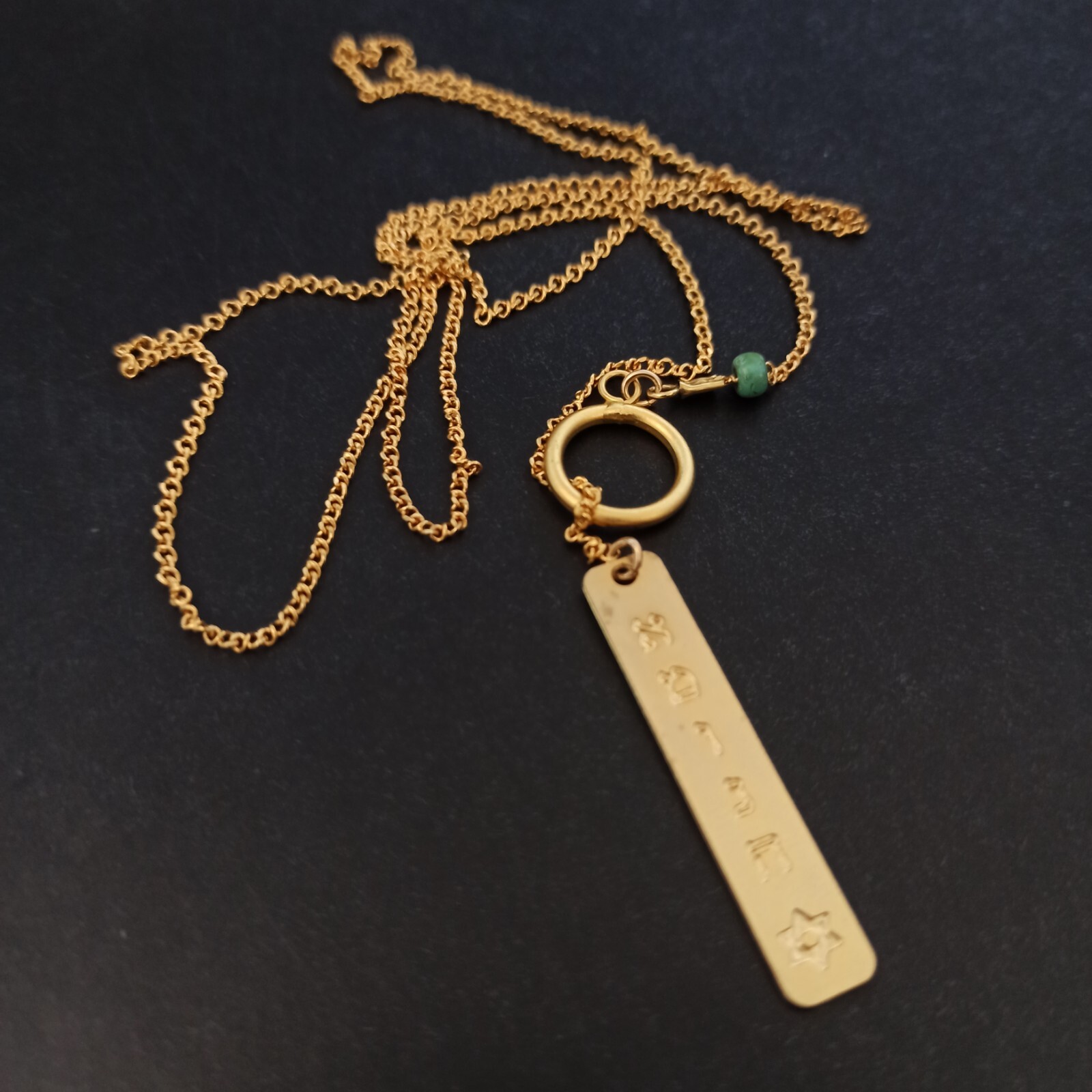 Faith Necklace Hebrew Letters Gold Tone Y-Drop Tie Modernist Brushed Turquoise