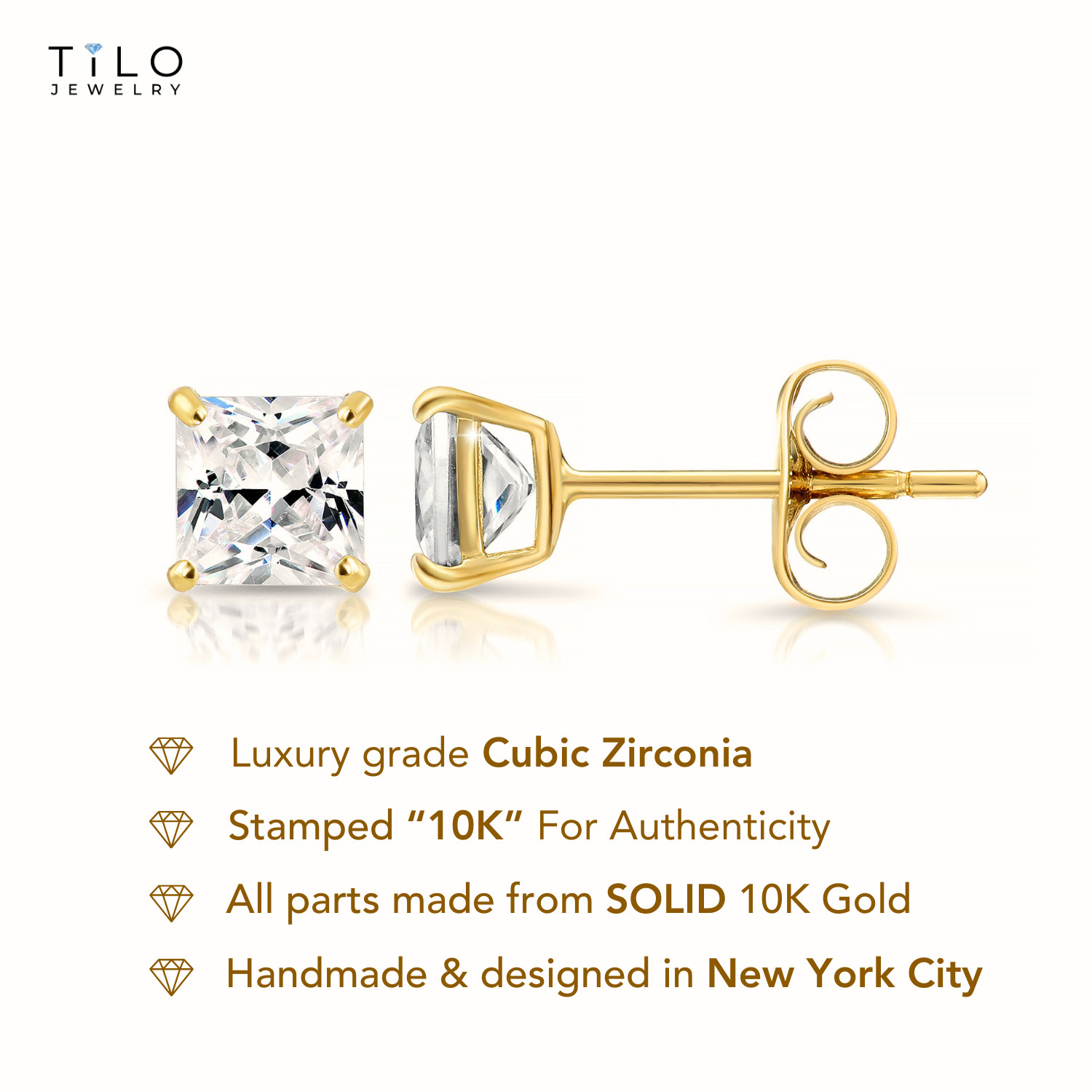 10K Real Solid Gold Princess-Cut Solitaire Stud Earrings Pushback 3mm-8mm