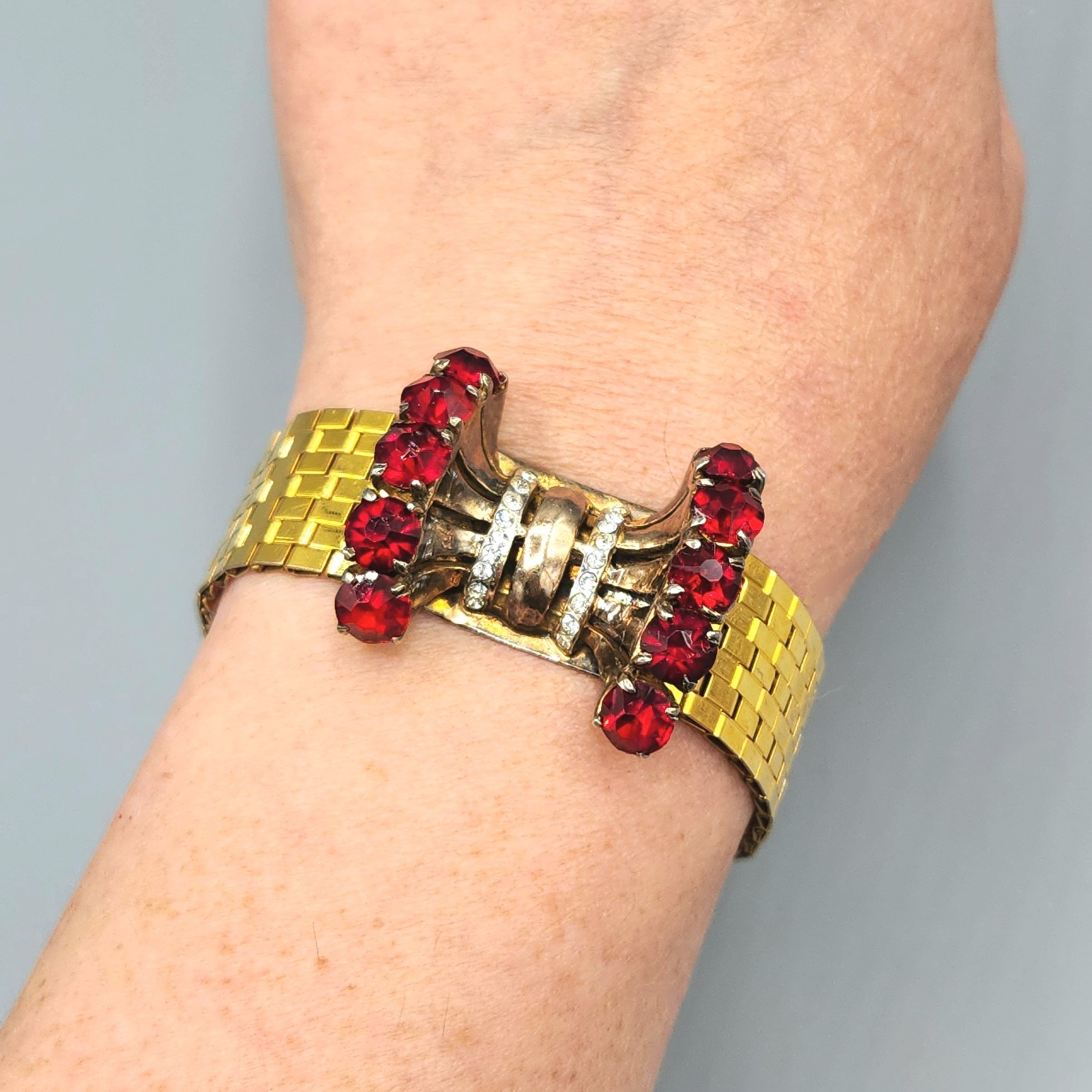Unsigned Reinad Retro 12K GF Red Paste Crystal Brick Link Cuff Bracelet 6.5″